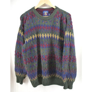 Vintage Salty Dog Gant Sweater Mens Medium Green Multicolored Cable Crew‎ 90s